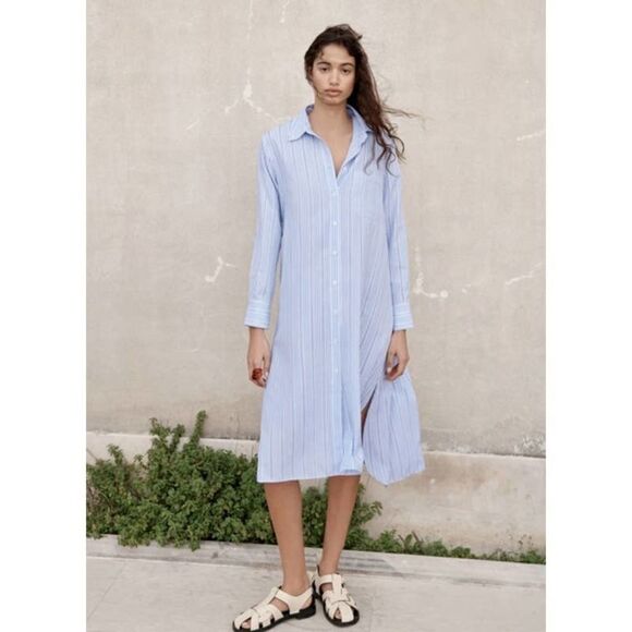 Zara Shirt Dress Blue Striped Midi - Picture 7 of 8